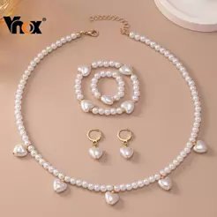 Vnox Bonito Conjunto De 4 Peças Moda Pérola Jóias Colar Pulseira Anel Brincos Corações Presentes Para Meninas Mulheres
