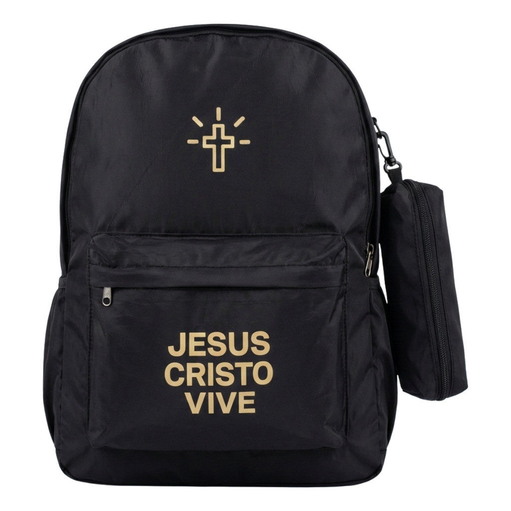 Mochila Masculina Feminina Notbook Preta Escolar Faculdade Com Estojo JESUS Cristo Vive
