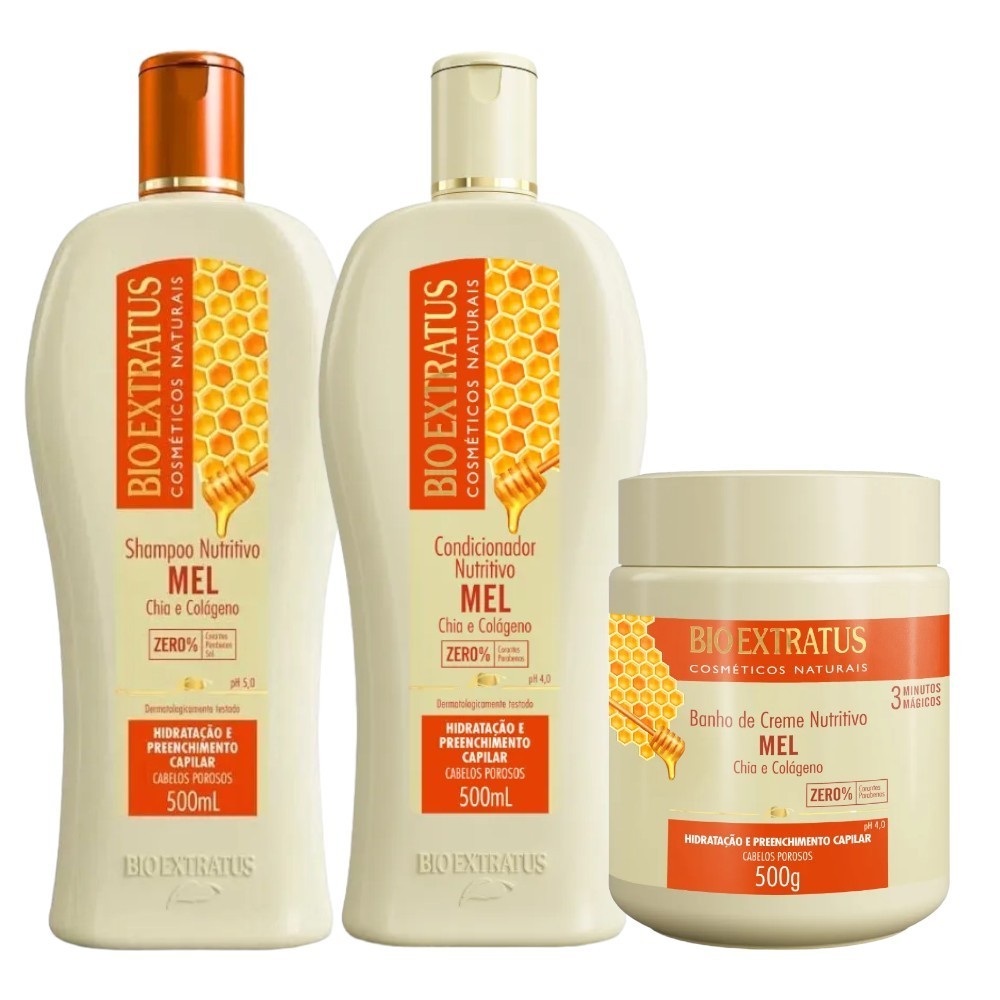Kit 1 Shampoo 1 Condicionador 1 Banho creme Mel Nutritivo 500 ml Bio Extratus