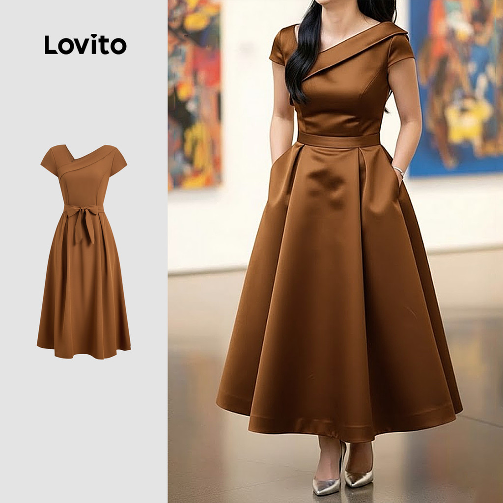 Lovito Vestido Vintage Assimétrico de Bolso Primavera/verão Vestido Marrom Mocha para mulheres LK2ED038 em Oferta na Shopee