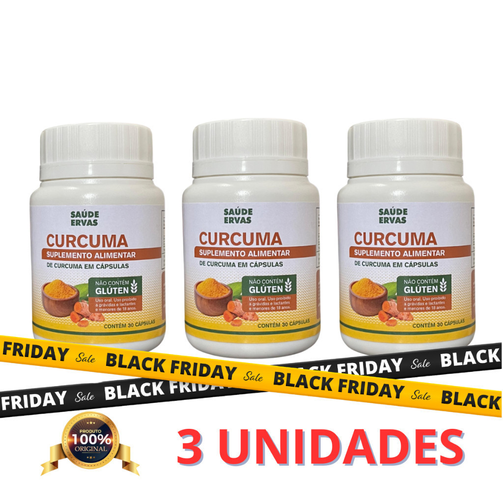 03 Frascos Cúrcuma Em Cápsulas Suplemento Alimentar Natural - 30 Caps - 100% Natural