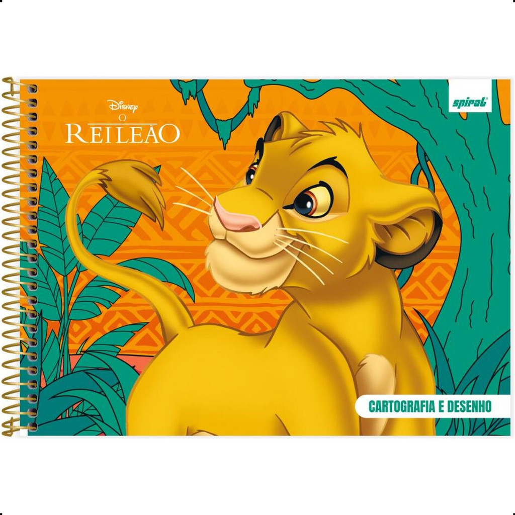 Caderno de Desenho Simba Rei Leão Cartografia 48 Folhas Capa Dura Laranja Verde Escolar Aula Artes