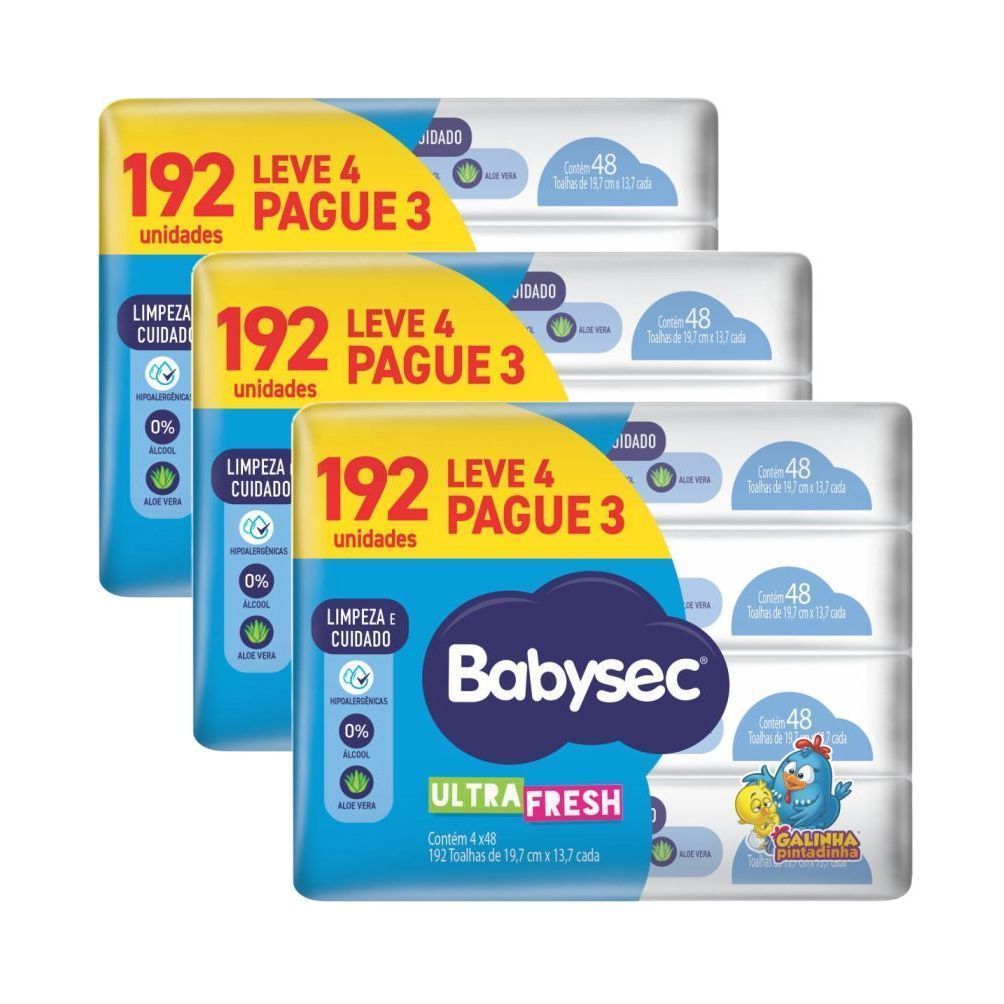Pack 3 – Cada Embalagem com 4 Pacotes Internos BabySec Toalhas Umedecidas 48 Folhas - Textura macia