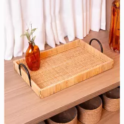 Bandeja Retangular de Fibra Natural Bali 41,5cm Wolff Decorativa com Alca para Servir Mesa Posta Cantinho do Café Casa