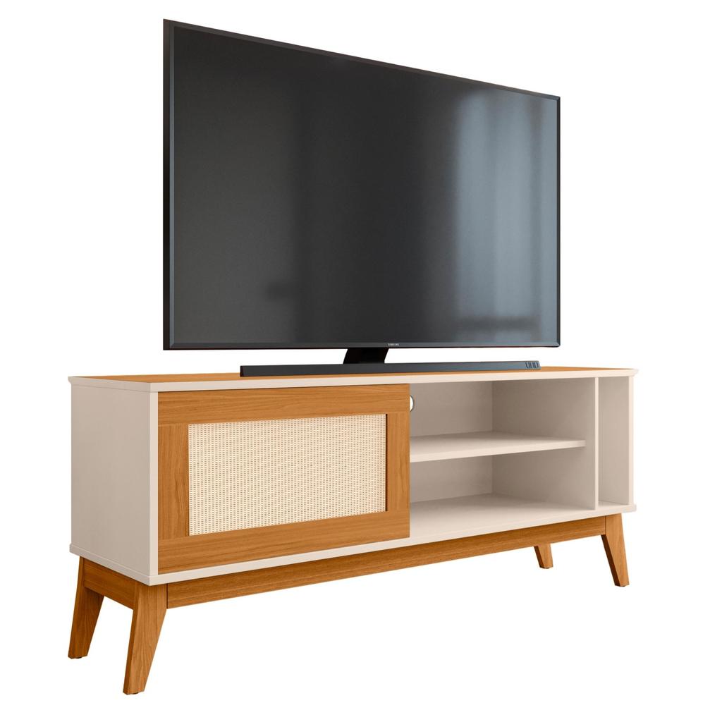 Rack Bancada Para TV Até 55 Polegadas 1,36m 1 Porta Com Tela Rattan Off White/Cedro Caribe EDN em Oferta na Shopee