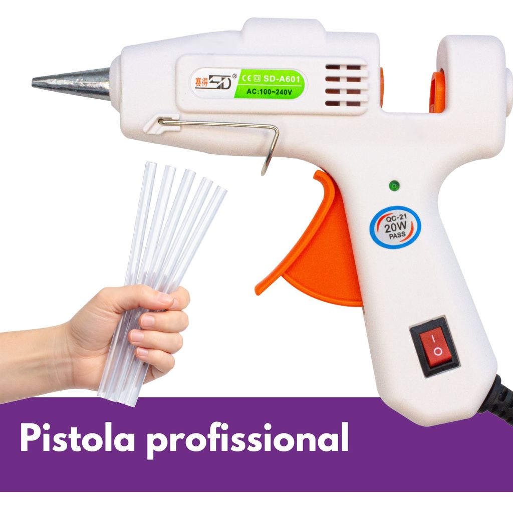 Pistola de Cola Bivolt 5 a 20 Tubos, Botão Liga Desliga, Bico FIno Chinesinha Branca Top