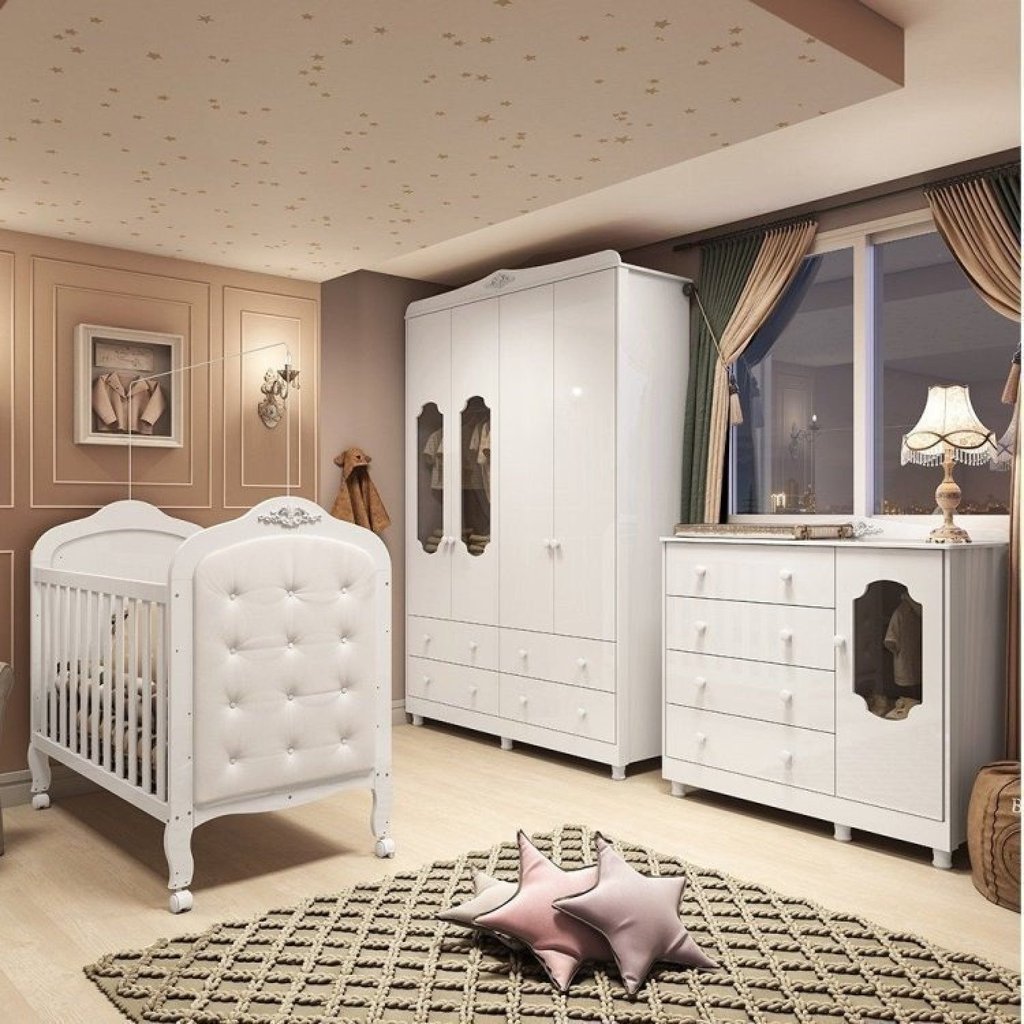 Quarto de Bebê com Guarda Roupa Cômoda com Janelas e Berço com Capitonê Maya Provençal 100% Mdf Branco Brilho em Oferta na Shopee