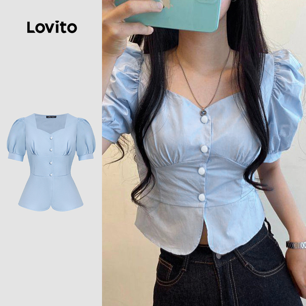 Lovito  Blusa Casual com Pregas Linha Estrutural Primavera/verão Azul para Mulheres. L171ED141 em Oferta na Shopee