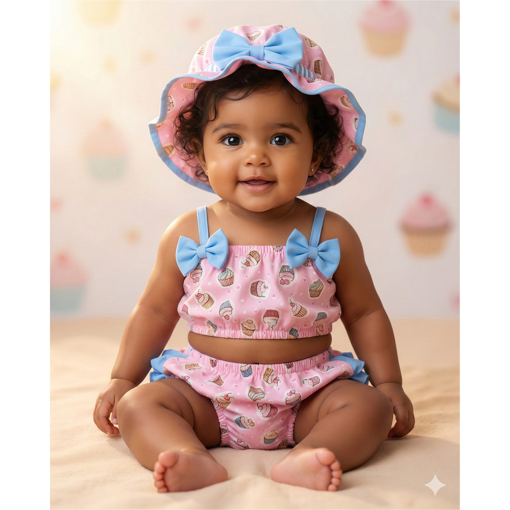 Banho De Sol Bebê Infantil Vitamina D Verão Cupcake Fashion Roupa Kit Top Calcinha Chapéu Proteção