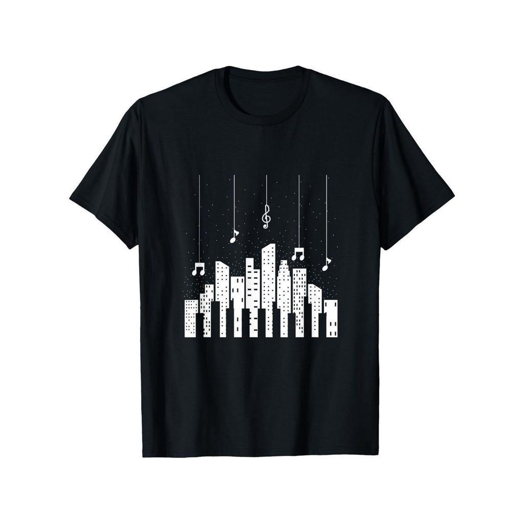 Camiseta Unissex com Estampa de Notas Musicais e Teclado - 100% Algod?o, Gola Redonda Manga Curta, Preto com Impress?o d