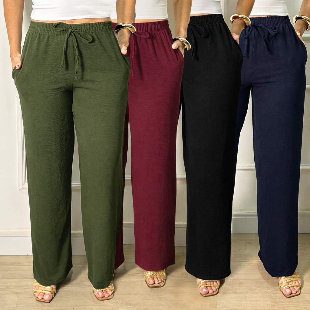 Kit 3 Calças Feminina Pantalona Cintura Alta Tecido Dunas