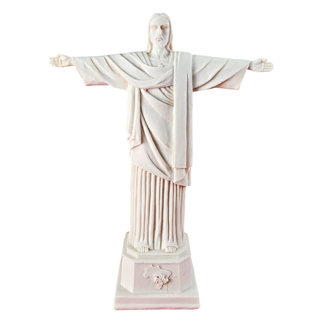 Estatueta Decorativa Cristo Redentor em Resina Bege Fosco Ambiente Religioso Arte Sacra