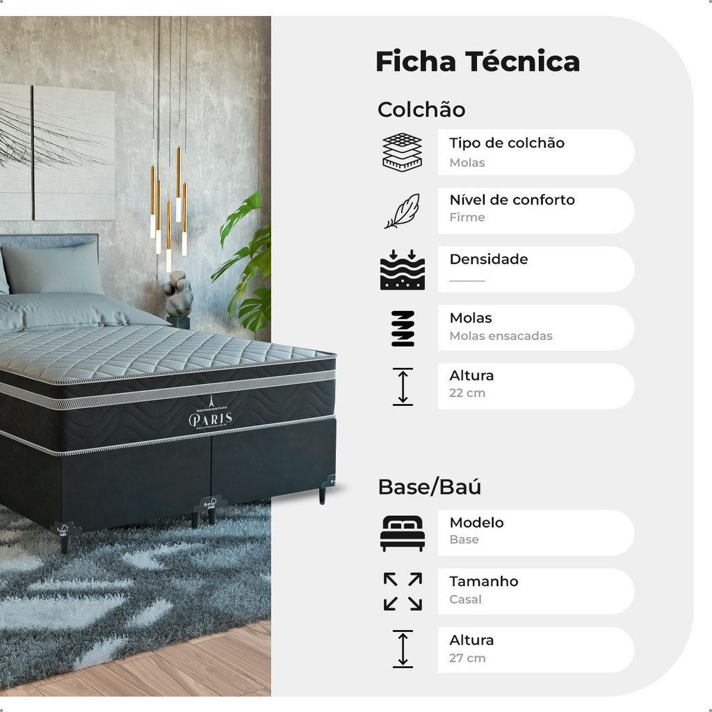 Cama Box Casal Bipartido Preto + Colchão Paris Molas Preto — imagem 2 de 2