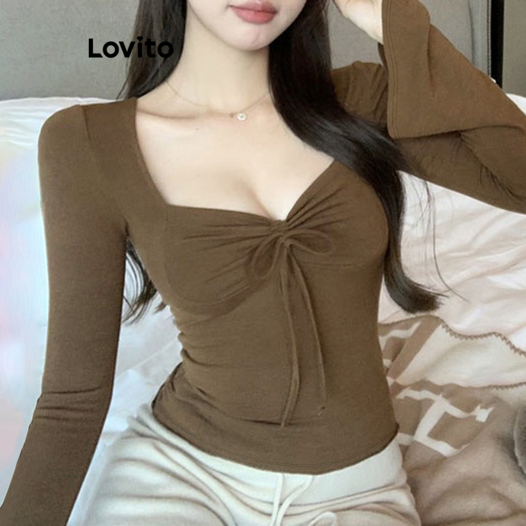 Lovito Camiseta Casual Lisa Com Cadarço E Cordão Para Mulheres LNE40542