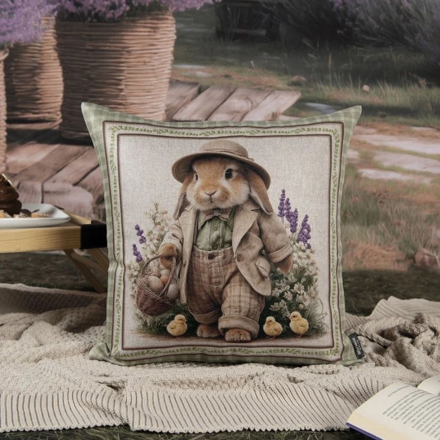 Capa para Almofada de Páscoa Premium - Coelho de Chapéu e Gravata - Xadrez Verde - 43x43cm - 1 unidade - Rizzo em Oferta na Shopee