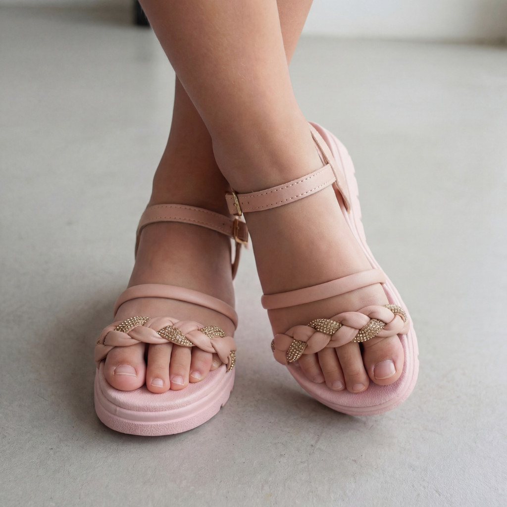 Sandália Infantil Menina Tiras Trançada Com Brilho Delicada Confortável