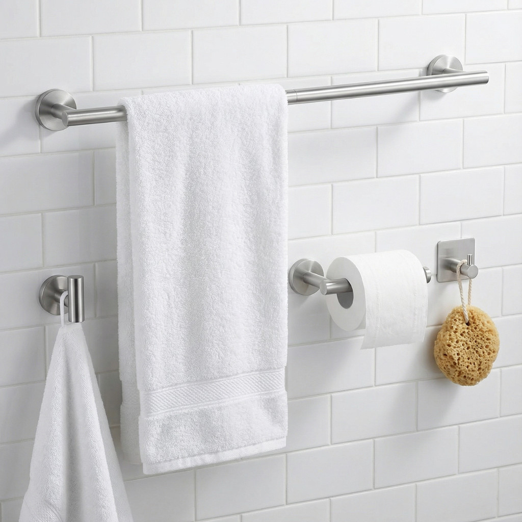 Kit Acessórios Suporte Lavabo Banheiro Papel Higiênico Toalheiro Inox 4 Peças Moderno