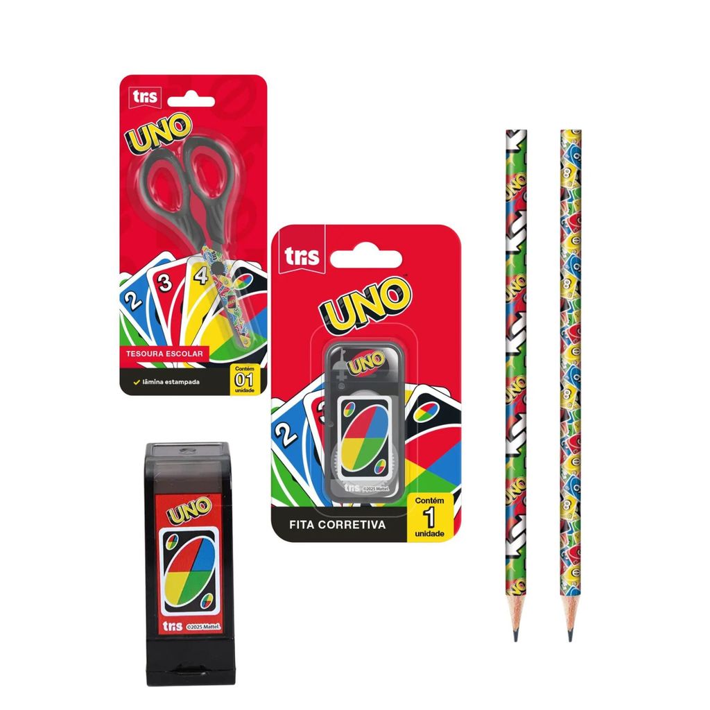 Kit UNO TRIS lápis e apontador fita corretiva tesoura material escolar diferente jogo volta as aulas presente