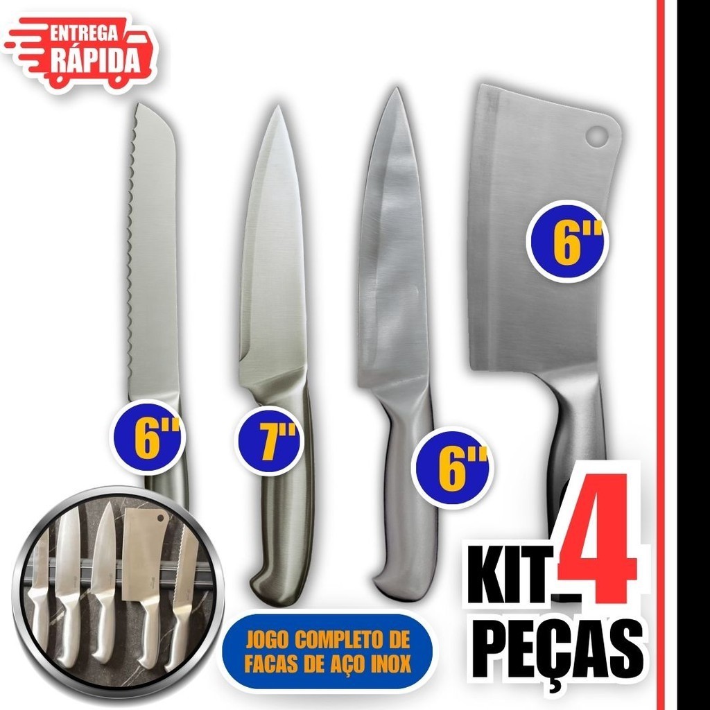 Faca Peixeira de 6'' e 7" Faca de pão 8", Cutelo 6" Inox Peixeira Prof Lâmina Corte Precisão