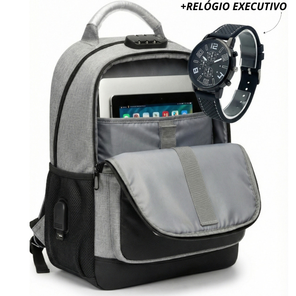 Mochila Notebook com Cadeado Senha Antifurto USB Impermeável + Relógio Brinde em Oferta na Shopee