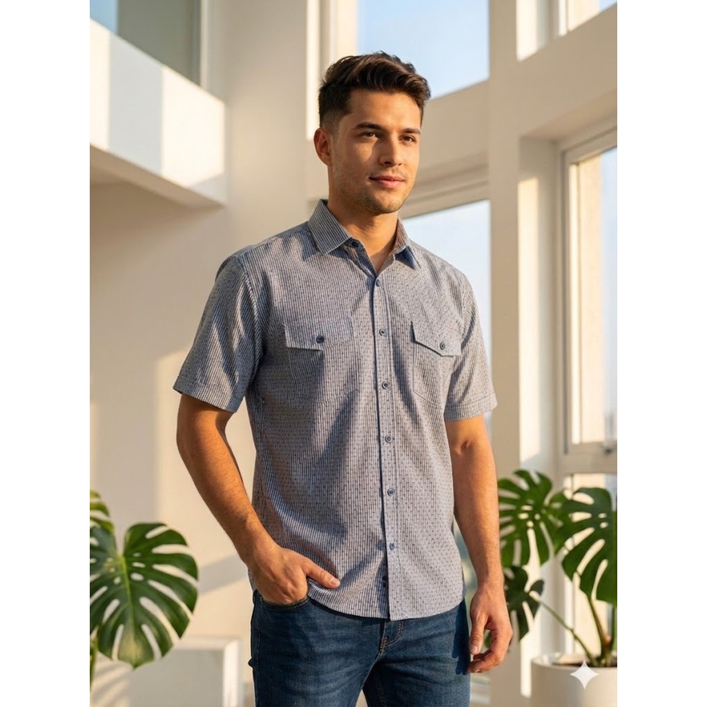 Camisa Social Masculina Manga Curta Slim Listrada com Bolinhas Algodão Fácil de Passar