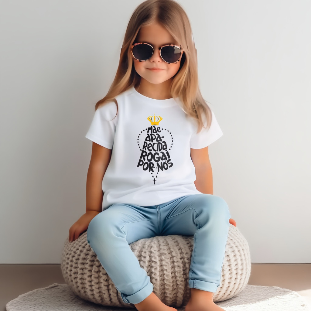 Camiseta Infantil Nossa Senhora Aparecida Unissex – Moda Católica –  Tamanhos 4 a 14