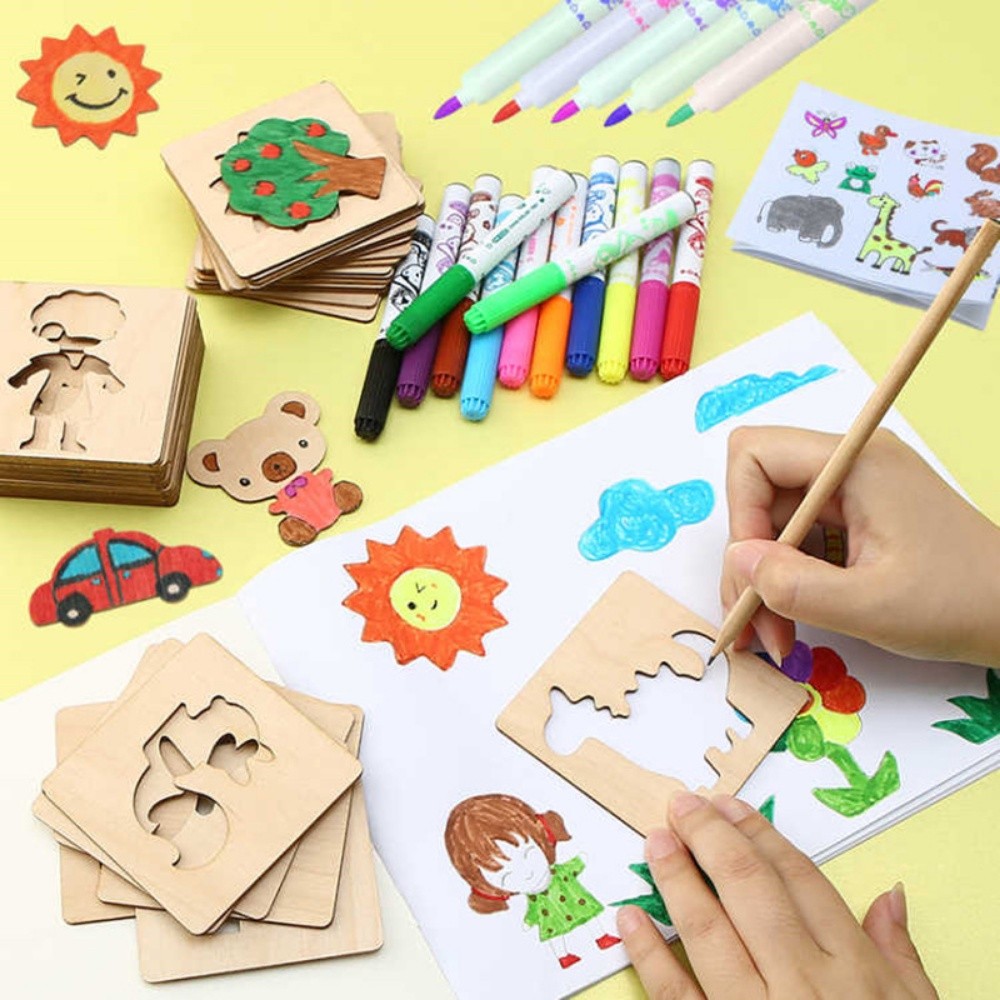 Kit 20 Moldes de Desenho Montessori - Stencils Madeira para Pintura Infantil