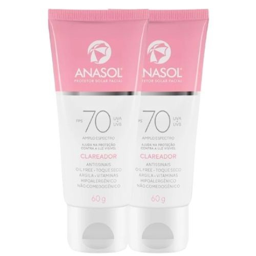 Kit 2 Protetor Solar Facial Anasol FPS 70 Clareador 60g Toque Seco Vegano