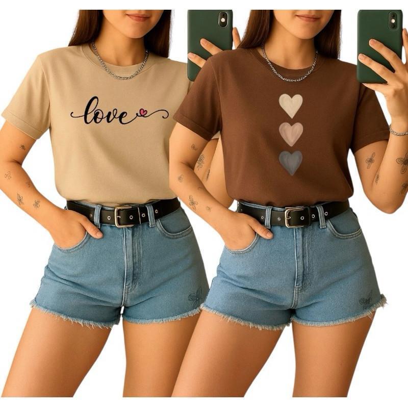 Kit 2 Camisetas Básicas Feminina  100% algodão Love / Coraçoes
