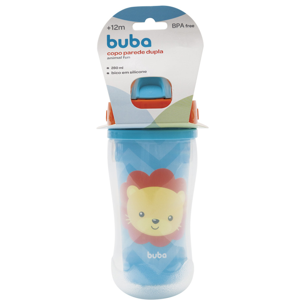 Copo Canudo Infantil Parede Dupla Buba Animal Fun Leão 280ml