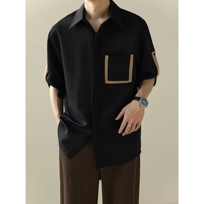 Camisa masculina de manga curta em seda gelada, casual, solta, com caimento de alta qualidade, camisa masculina de verão