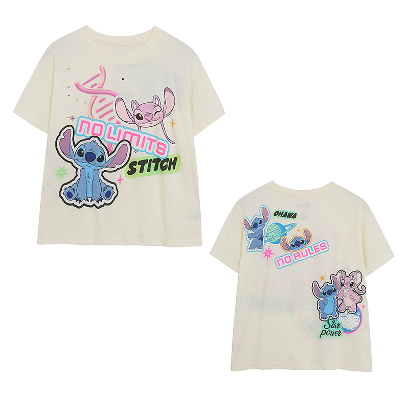 Comércio exterior verão novo estilo letras dos desenhos animados frente e verso impresso camiseta de manga curta feminin