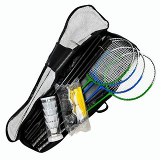Kit Completo Badminton Master Rede Com 4 Raquetes 4 Petecas Rede Mastros e Bolsa de Transporte Use na Praia Campo