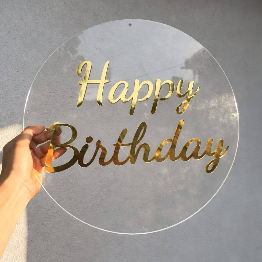 Placa de acrilico para decoracao de festa - Acrílico cristal + Acrílico espelhado happy birthday