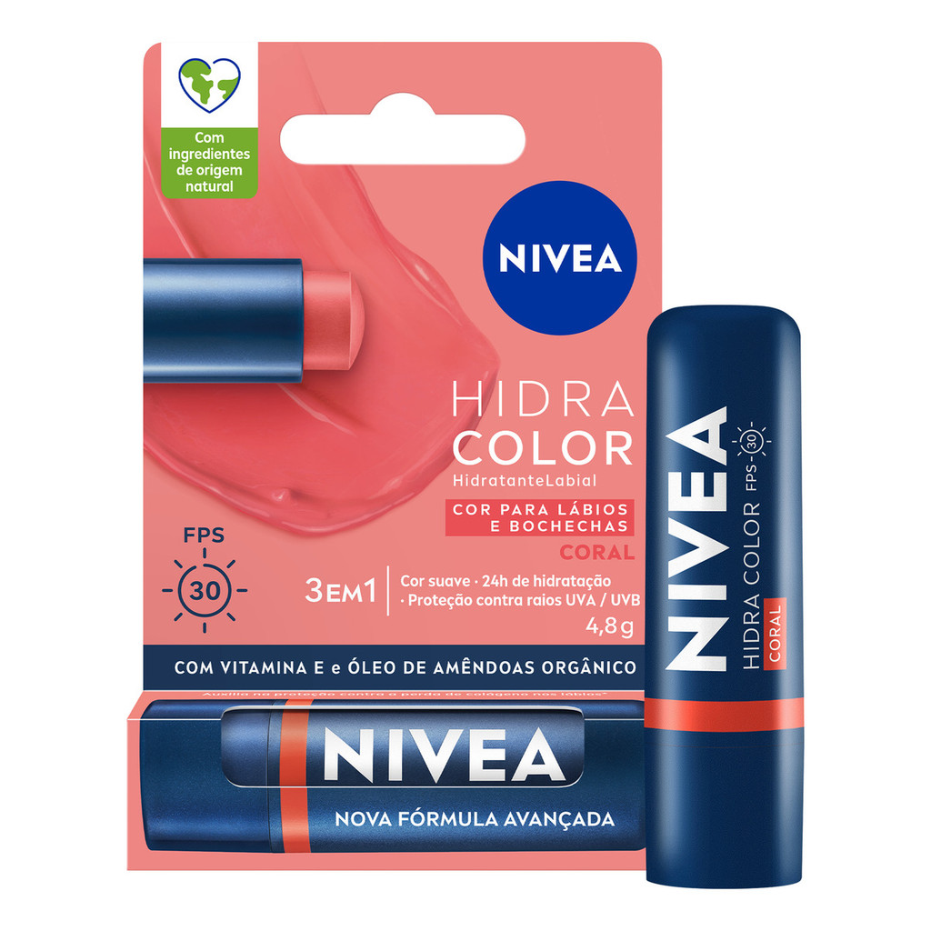 Hidratante Labial 3 Em 1 Hidra Color Coral 4,8g Nivea
