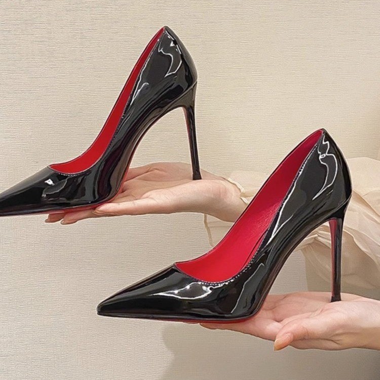Imagem Preto vermelho sola salto alto feminino couro envernizado apontou Toe Stiletto sapatos femininos