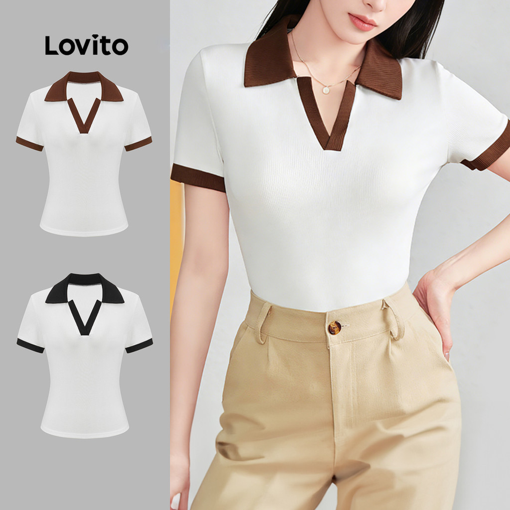 Lovito Casual Camiseta Feminina De Primavera E Verão Com Patchwork Gola Contrast