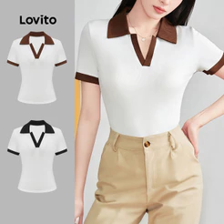 Lovito Casual Camiseta Feminina De Primavera E Verão Com Patchwork Gola Contrastante E Tecido Texturizado L121AD1107