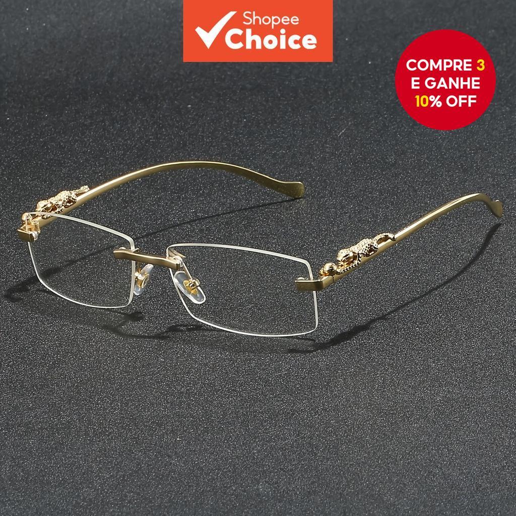  Óculos retangulares sem aro da moda com um estilo fofo, apresentando armações de metal com dobradiças e lentes de PC.