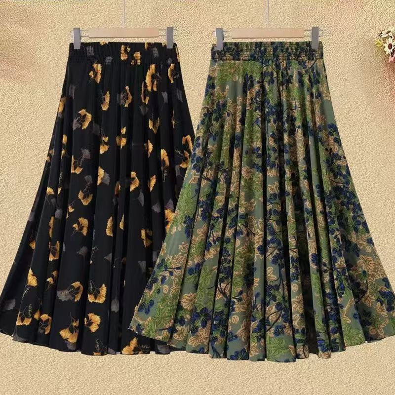 Saia plissada novo estilo verão cintura feminina elástica saia longa Floral sentir cintura alta seda gelo high-End saia