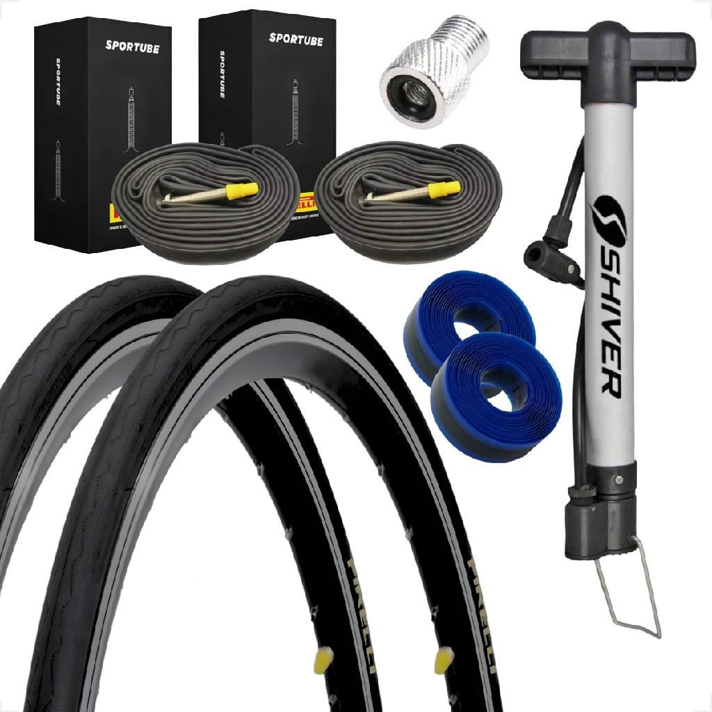 Par Pneu Bicicleta Pirelli Tornado Alfa 700 25 Par Camara Bico fino Pirelli Bomba adaptador antifuro