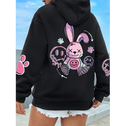 Moletom Canguru Estampado Coelho Cute Girls Streetwear Inverno Flanelado Moda Inverno FSH