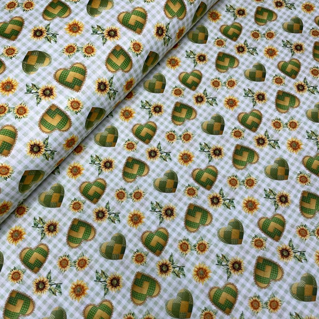 Tecido Tricoline Estampado Corações Junino com Girassol 50cm x 1,50mt Festa Junina 100% Algodão