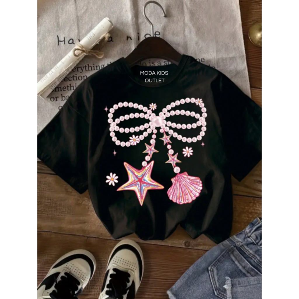 Camiseta Infantil Estampada corrente de laço e conchas  Blusinha Menina 100% algodão