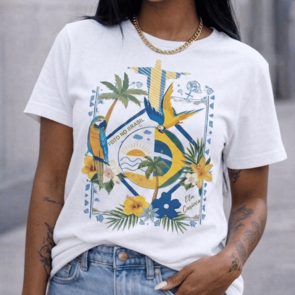 Camiseta Feminina Casual Estampa Brasil Tropical Cristo Redentor Confortável Algodão Premium Fã Copa do Mundo,BrasilCore