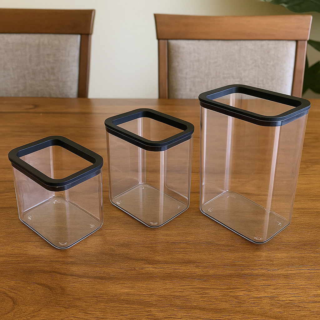 Conjunto 3 Potes Herméticos de Plástico Café Açúcar Mantimentos Despensa Vidro Borossilicato Inox Vedação Hermético