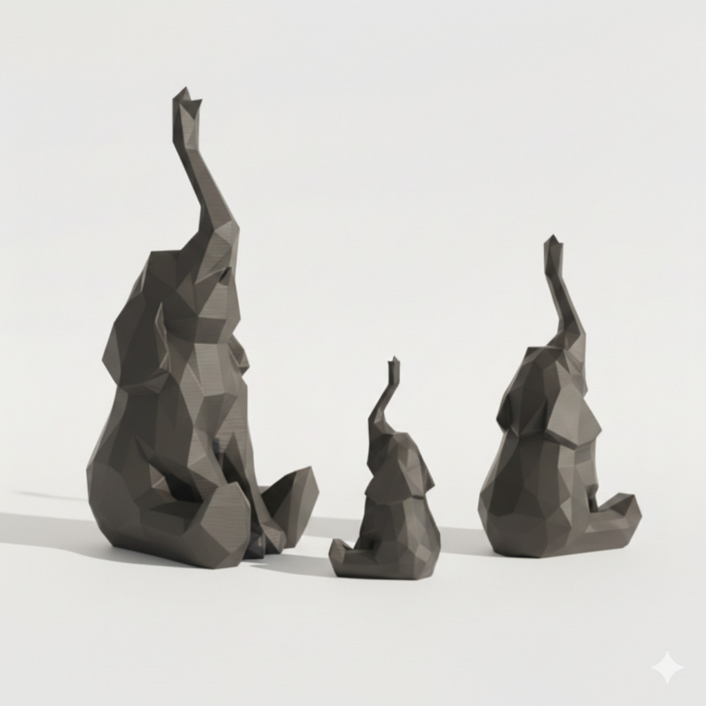 Kit Trio Elefantes Decorativos Low Poly Impressão 3D Estilo Moderno Sustentável para Sala e Escritório
