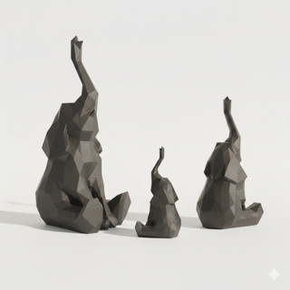 Kit Trio Elefantes Decorativos Low Poly Impressão 3D Estilo Moderno Sustentável para Sala e Escritório