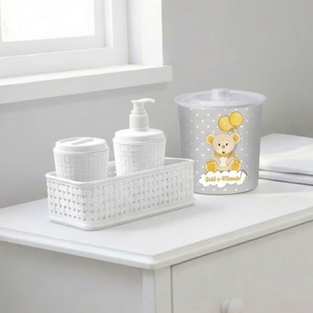 Kit Porta Algodão 3 Peças Bebê Higiene + Lixeira Ursinho 3L Branco Menino Menina