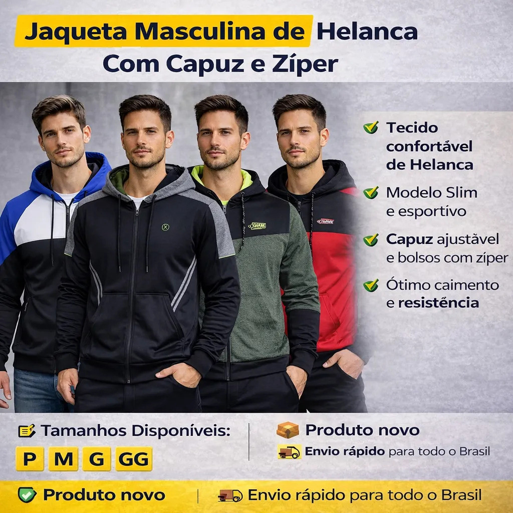 Moletom Masculino Helanca Pesada Premium Jaqueta Com Capuz Zíper Inverno 2026 Casual Esportivo.